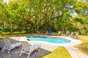 Private backyard pool, heated upon request with additional fee.