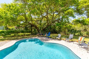 Private backyard pool, heated upon request with additional fee.