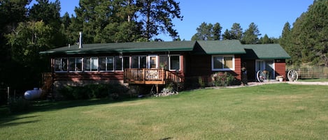 Cabin with front deck from yard @ Golden Valley Ranch