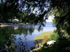 View at high tide from front deck. Rowboat on bulkhead.