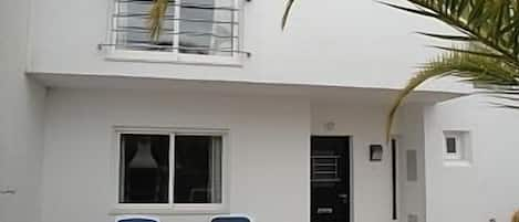 Front door and front terrace with palm tree