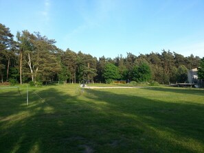 Sportwiese mit Beachvolley, Feder- und Fußball