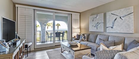 Living Area Featuring Spectacular Views of Amelia's Islands Sandy Shoreline- Flat Screen TV and Sleeper Sofa