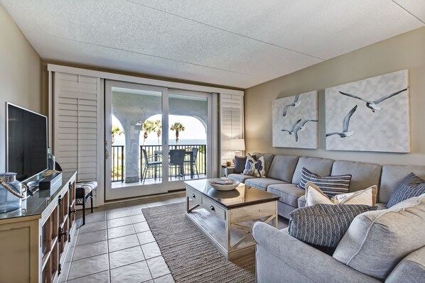 Living Area Featuring Spectacular Views of Amelia's Islands Sandy Shoreline- Flat Screen TV and Sleeper Sofa