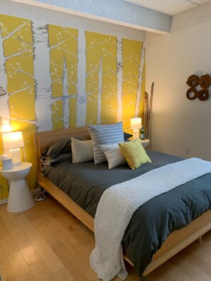 Master queen bedroom with custom painted aspen mural 