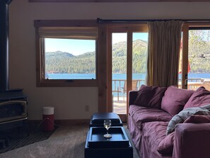Lake view from living area - sofa color is more accurate in other photo!