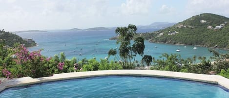 Your view from the pool overlooks Great Cruz Bay & St Thomas. Stunning.