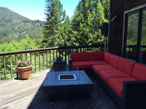 Deck!  The sun shifts through the day ... from shady to completely sunny.