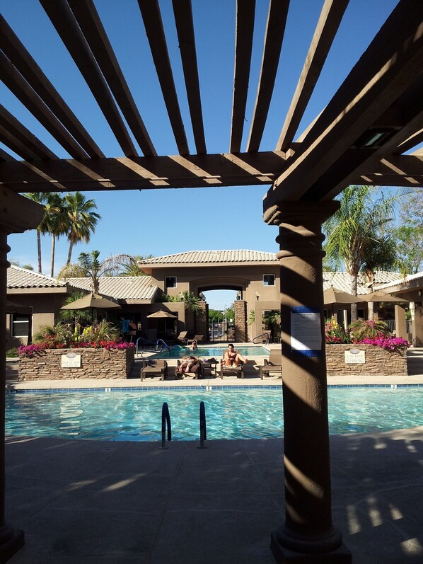 Pool View. 2 pools in gated area with bbqs and a Jacuzzi.