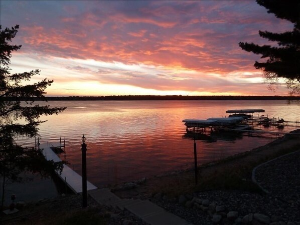 Beautiful Sunset overlooking the beach and dock on Crosslake