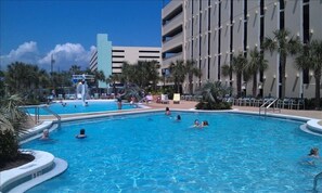 Three pools with kiddie pool and great water features