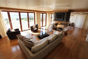 living area with ocean view