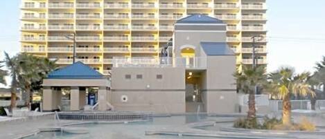 Lazy River Pool and Hot Tub on the Beach. Bathrooms also on beach side