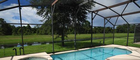 Private Pool and jet-tub  with water view.