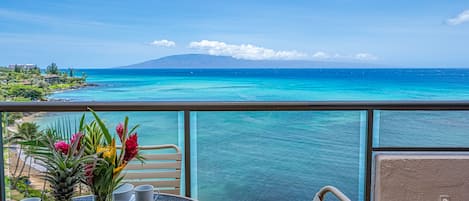 Our penthouse is right on the ocean with direct on views of Lanai and Molokai!