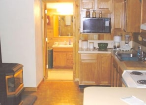 Completely updated kitchen and bathroom with beautiful gas fireplace.