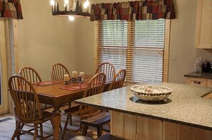 Dining table seats six, four more around the center island