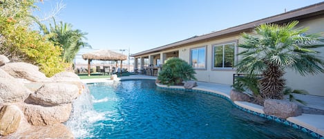 Lagoon Pool w/Waterfall/Grotto & Slide. Our Salt System uses less Chlorine. 