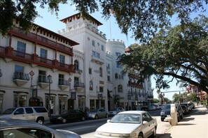 Our building (on the left, red trim) shares a wall with the Casa Monica Hotel