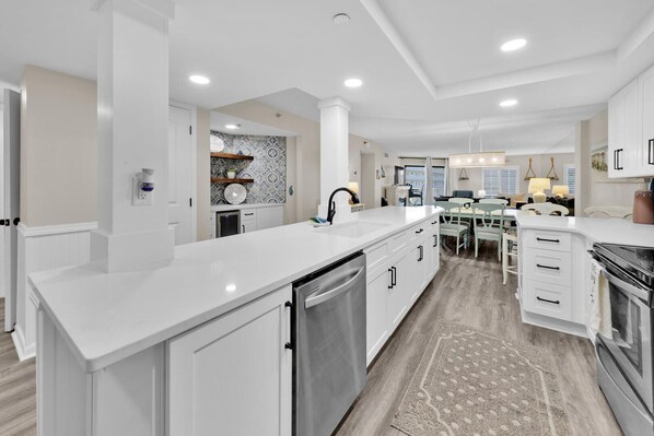 Newly renovated and fully-stocked kitchen. 