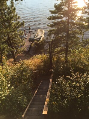 Stairs down to the dock (old boat lift pictured).