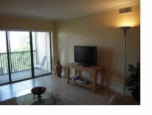 Spacious living room, TV, balcony