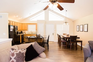 Plenty of seating in top floor dining area and kitchen island.