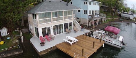 An overhead view of Keuka Villa and Large Marge the Party Barge!
