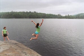 jumping off 'rock island' Our house is about at her right finger tips
