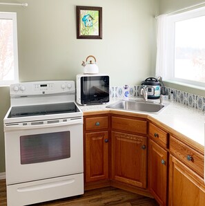 Electric stove, Instant Pot, and microwave for cooking convenience. 