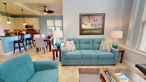 Large living room with 20' ceilings, large and Double sleeper sofa