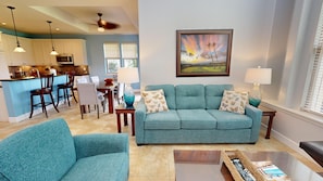 Large living room with 20' ceilings, large and Double sleeper sofa