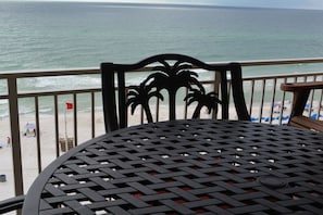 On the patio looking at the beach.