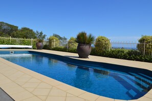 Private salt water chlorinated, solar heated pool