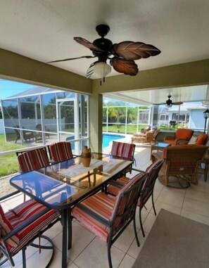 DIning room set has 6 chairs. Enjoy your breakfast to the tunes of songbirds.