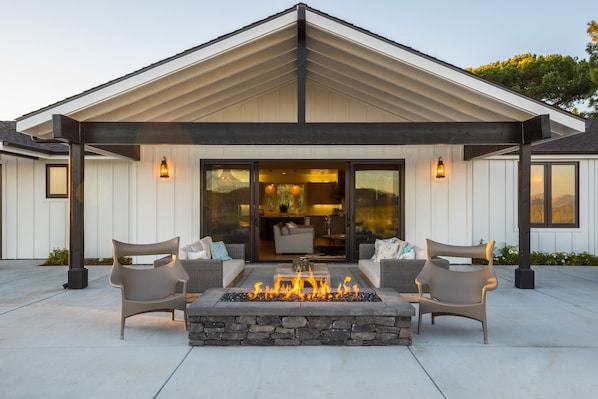 Front side view of covered patio (built in BBQ not shown)