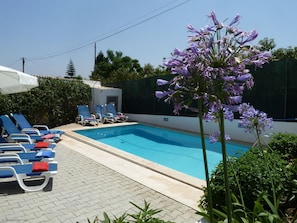 Lovely pool area with lots of flowers, plants & lawn areas.