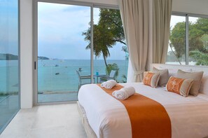 Contemporary bedrooms with luxurious bathrooms, balcony, panoramic sea views