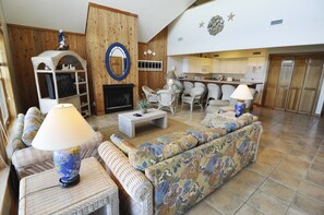 Living Area with TV, First Floor with Deck Access. NO FIREPLACE.