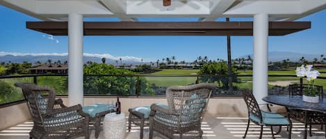 Comfortable, pleasant and inviting lanai from which to watch the sunrise over Mauna Kea and Kohala mountains.