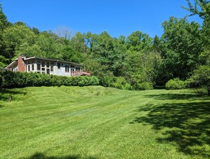 Lower yard that is right next to the running creek, swing, and fire pit.