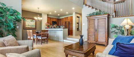 Living Area with view into Kitchen