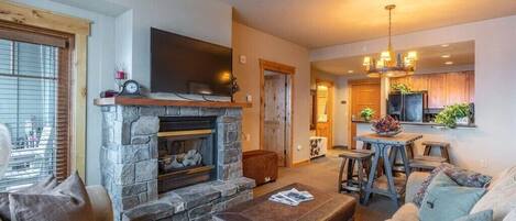 Open living room into kitchen.