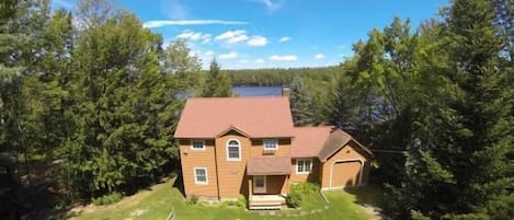 Arial view of lakefront house