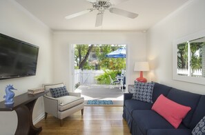 French doors open to the private patio.