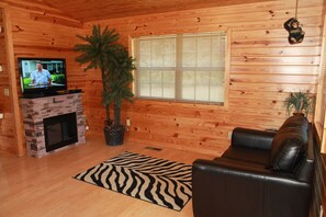 Overview of living room; Direct TV is available, and an electric fireplace 