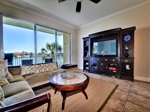 Large flat screen TV in the living room.