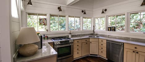 Kitchen with natural sunlight and pretty wooded views