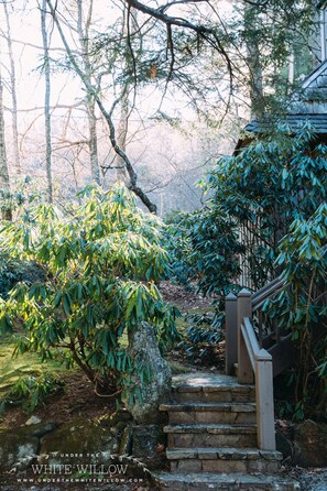 Exterior with cedar shake siding, stone, stairs, moss lawn, and beautiful rhododendron groves.