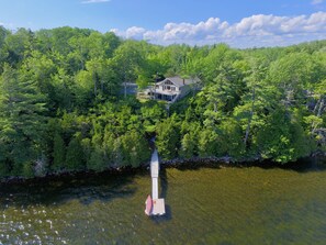 Aerial view of Top O' the Ridge and private dock on Long Pond